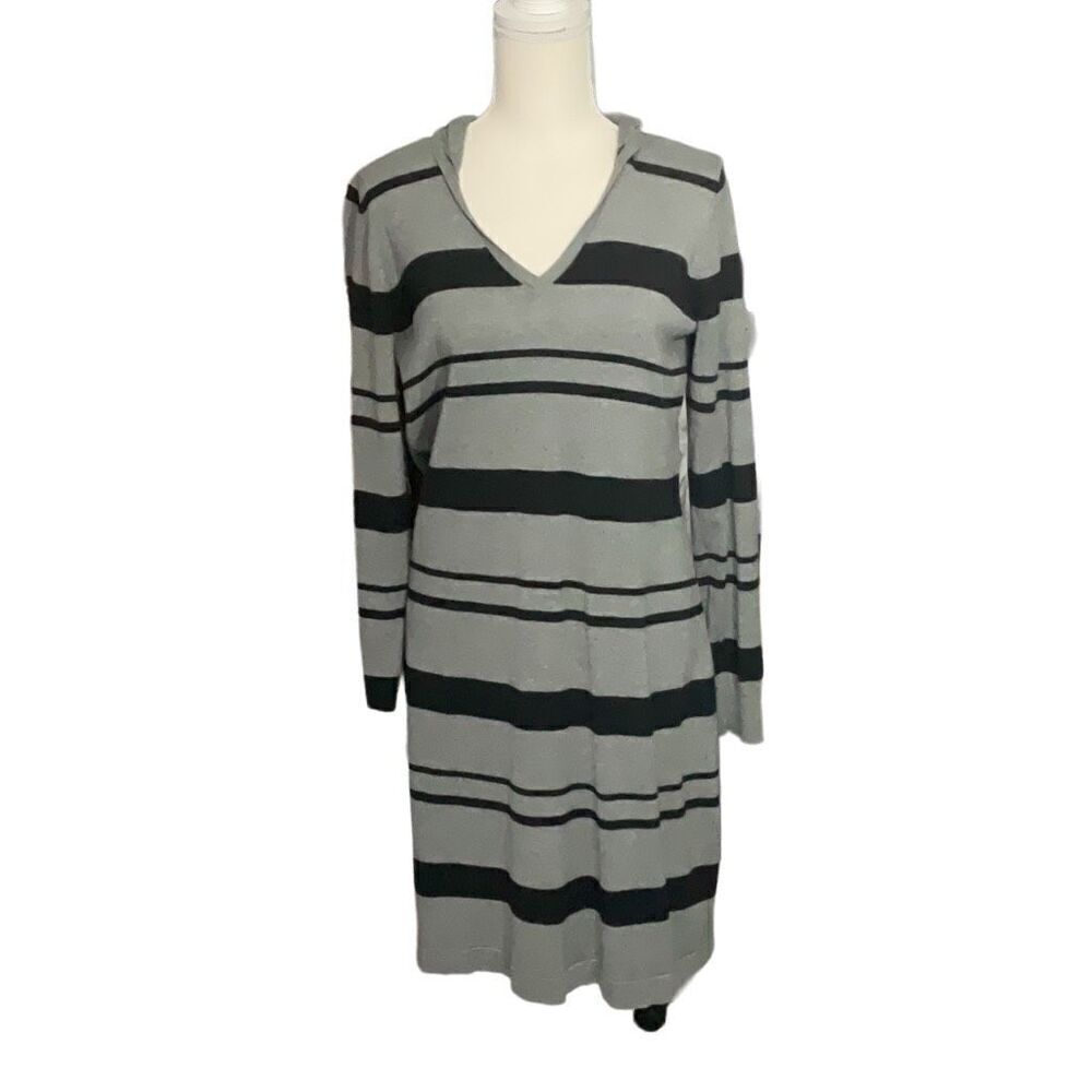 Tommy Bahama Gray Black Striped Long Sleeve Hooded Sweater Dress Size Medium
